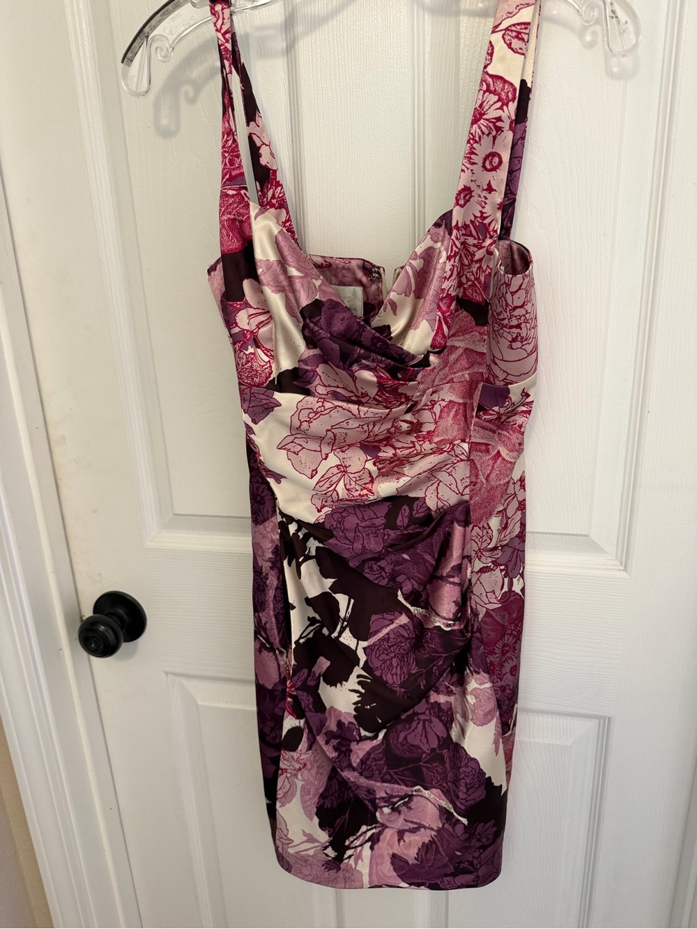 Donna Morgan Pink & Purple Floral Satin Cowl Midi Dress
